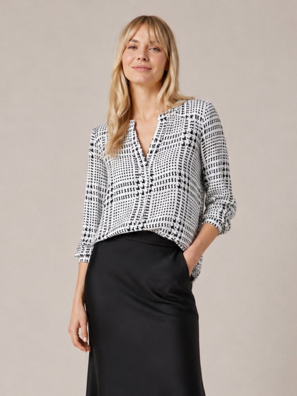 41 Hawthorn Black and Off White V-Neck Printed Blouse - Office, Patterned